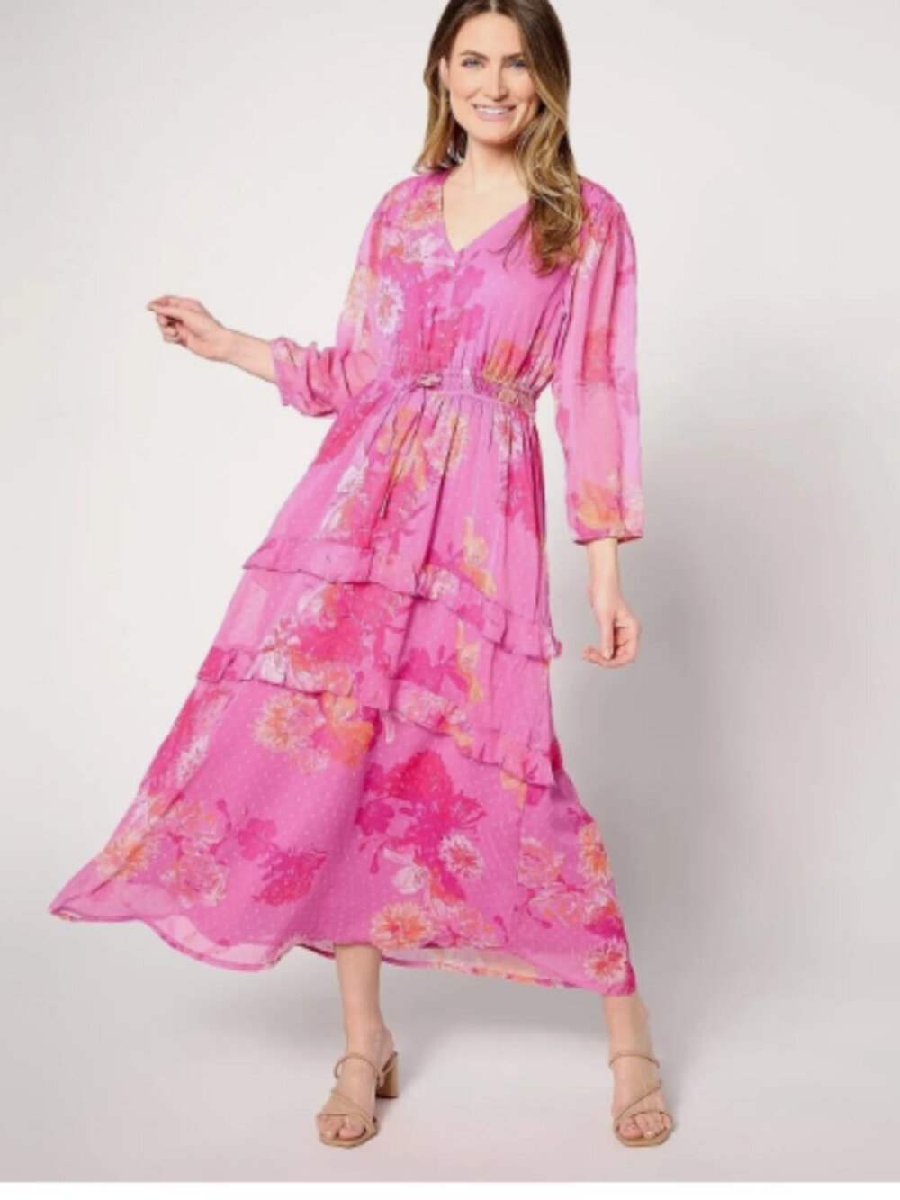 Destination 365 Regular Floral Clip Dot Chiffon Maxi Dress-Pink-Small-A643232